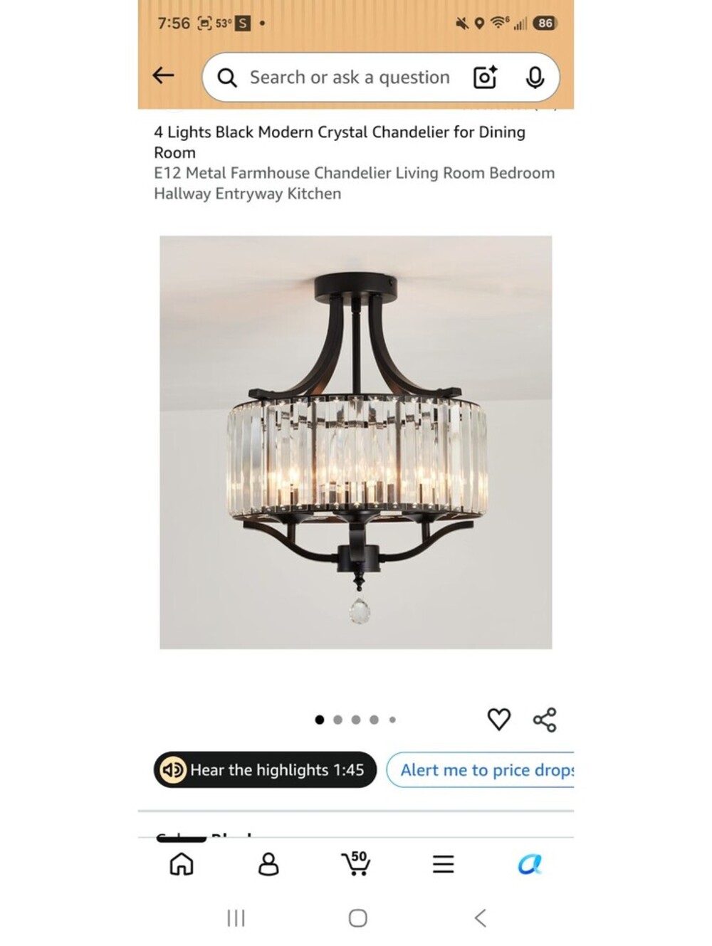 Piepooye 4 Lights Black Modern Crystal Chandelier for Dining Room